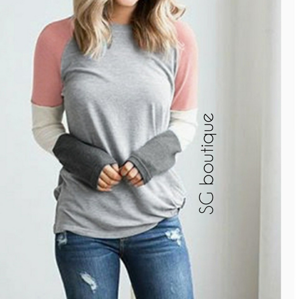 🆕⭐ Cute Grey pink stripe long sleeve tee